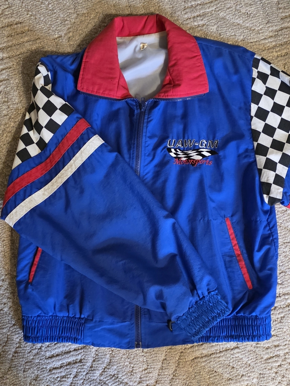 UAW-GM Motorsports Blue Racing Jacket with Checkerboard Sleeves & Detailed Back
